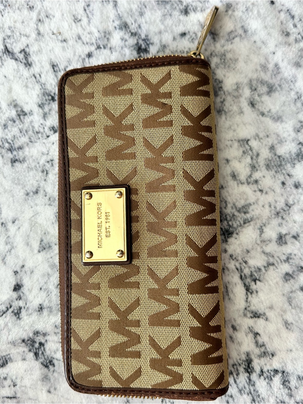 Michael Kors Brown/Tan Monogram Zip Wallet with Gold Plate